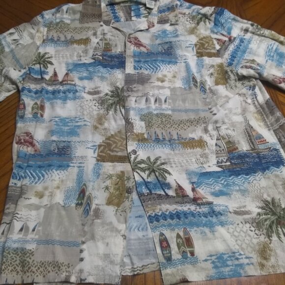 'palms and boats"  Themed Men's Button Up Shirt - Picture 3 of 3